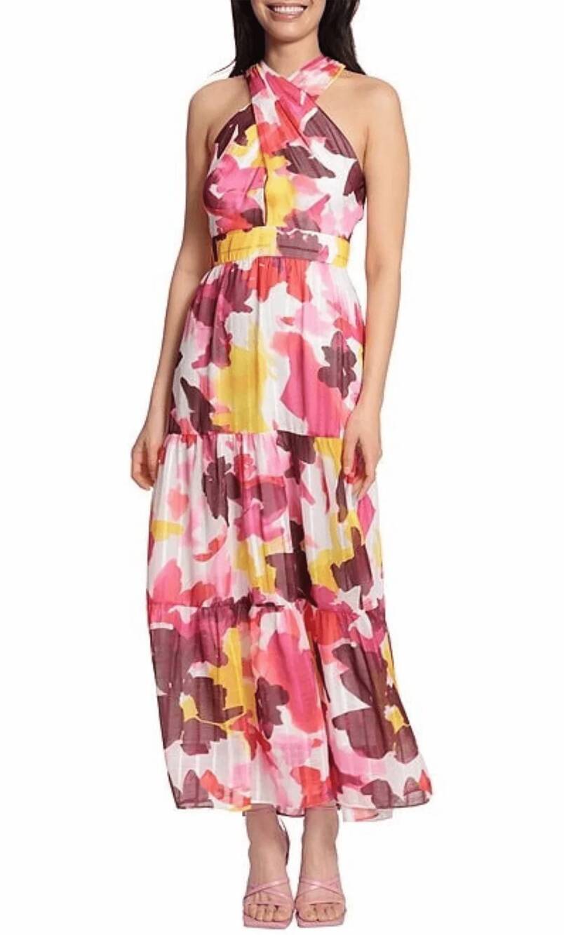 NEW MAGGY LONDON sleeveless criss cross halter neck tiered maxi dress in magenta